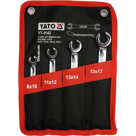 Yato – Clé à tuyauter 8-17mm – Assortiment de 4 clés en acier chrome-vanadium – Côté anneau ouvert incliné à 15° – Pochette de rangement incluse