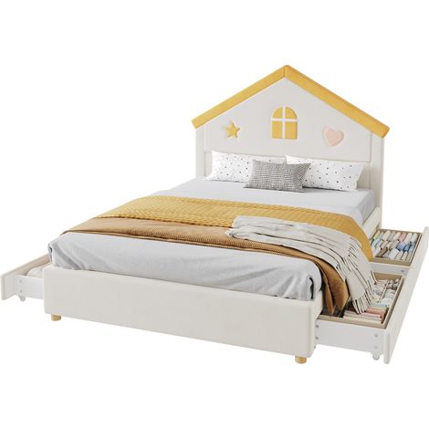 Letto per Bambini 140 x 200 cm in Velluto, 4 Cassetti e Testiera a Casetta, senza Materasso, Beige (1/5)