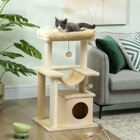 Arbre à chat avec griffoir, jouets suspendus, perchoir et hamac – 48 x 48 x 90 cm – crème – pour intérieur (1/4)