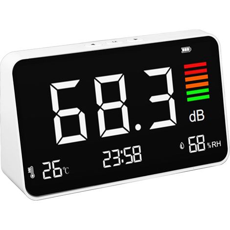 Sonómetro digital 3 en 1 con pantalla de temperatura y humedad, pantalla LED para el hogar, la habitación del bebé, la biblioteca y la oficina. (1/5)