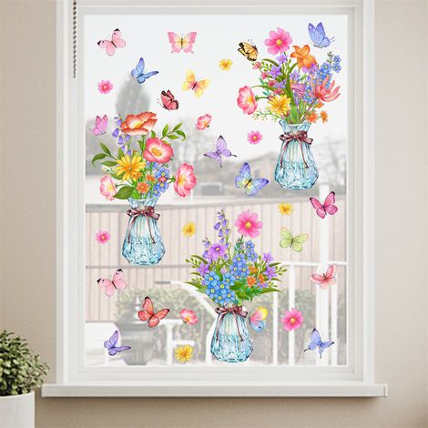 LZBARGON Set di 3 Adesivi Elettrostatici per Finestre (Design: Vaso con Piante) — Adesivi Decorativi per Porte a Vetri e Finestre in Soggiorni e Camere da Letto (1/5)