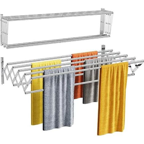 Wall-Mounted Clothes Airer in Stainless Steel, Foldable Clothes Airer with 7 Bars, Wall Towel Holder 43-80 cm, Load 36.3 kg for Bathroom, Balcony, Laundry Room, Space Saving (1/5)