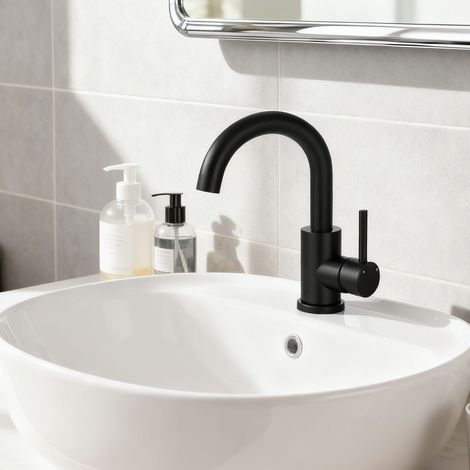 Océan Robinet Lavabo Mitigeur Salle de Bain, 360° Rotatif Bec/U-forme Design Courbé Classique, Acier Inox 304, Adapté à Lavabo/Vasque/Petite Cuisine, Finition Noir Mat