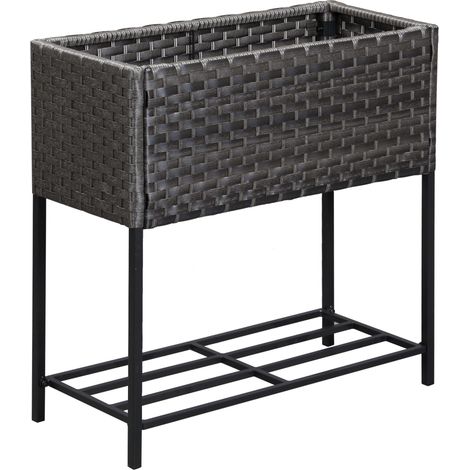 Jardinière surélevée en polyrotin avec pieds et étagère, 70 x 30 x 72 cm, marron, pour jardin, balcon ou terrasse. (1/5)