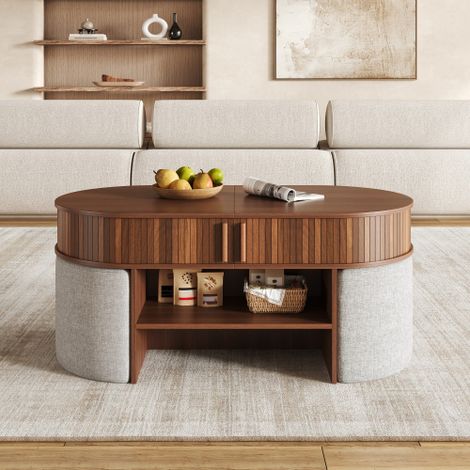 Table basse ovale avec espace de rangement et habillage rainuré vertical, ensemble de table basse avec poufs en tissu, poignées métalliques, table basse avec portes coulissantes à l'avant (1/5)