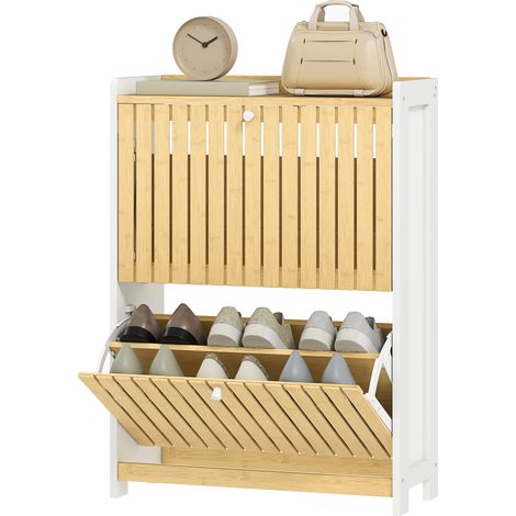 Étagère à chaussures étroite en bambou 2 portes, étagères ajustables, 12 paires, blanc et naturel