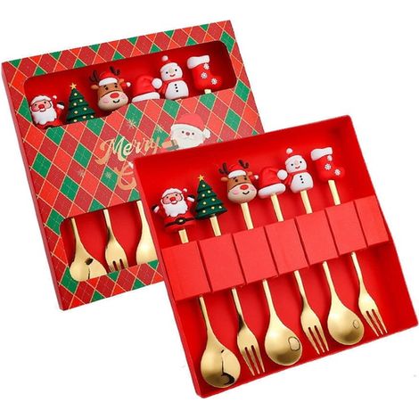 Fourchette Et Cuillère De Noël - Acier Inoxydable Alimentaire - Décoration Table Noël - 3 Fourchettes + 3 Cuillères - Or (1/5)