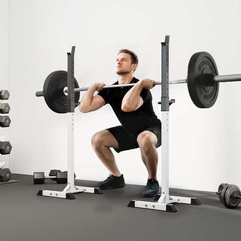 Support pour haltères, lot de 2, capacité de charge jusqu'à 150 kg, réglable en hauteur, acier, blanc et noir, 52 x 48 x 160 cm (1/5)