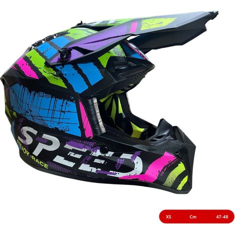 Kindermotocross-/Enduro-Helm für Motorrad, ATV, Fahrrad – Größe XS (47–48 cm), matt schwarz mit mehrfarbigem Design