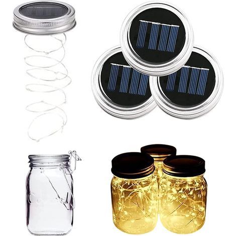 Lot de 3 Mason Jar Couvercle Guirlande Lumineuse Solaire Étanche 2m 20 LEDs Lampe d’Ambiance Décoration pour DIY Bocal LED, Bouteille, Maison, Noël, Mariage, Fête [Classe énergétique F] (1/5)
