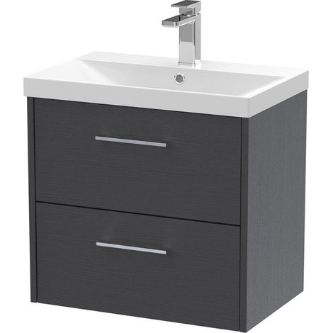 Winshill Contemporary 2 Drawer Wall Hung Vanity Unit with Thin Edge Basin, Woodgrain Dark Grey, 600mm