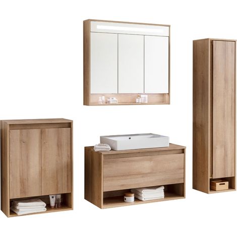 Fackelmann NATURA Badmöbelset 5-teilig, 94 cm, Braun hell + Spiegelschrank + Midischrank + Hochschrank"-"90233145 (1/5)
