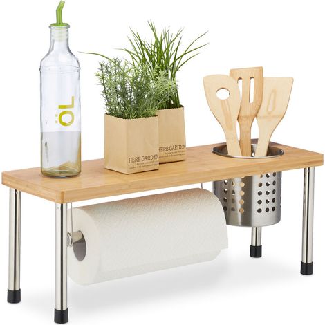 Relaxdays – Étagère à épices en bambou et inox – Support essuie-tout et pot à couverts – Dimensions 21x55x18 cm – Rangement optimisé pour cuisine (1/5)