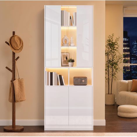 Meuble de rangement haut LED avec fenêtre acrylique, 70 x 35 x 180 cm, blanc OKMYHOME (1/5)