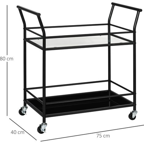 Chariot rangement métal noir 75x40x80cm 2 étagères sur roulettes latéral pour cuisine et salle à manger.