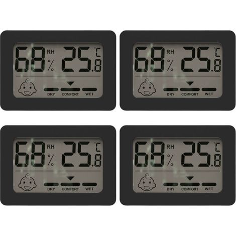 Thermomètre hygromètre intérieur mini numérique, avec commutateur et indicateur sourire pour chambre de bébé. Mesure de la température et de l'humidité.