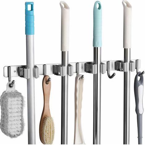 Wandmontierter Besenhalter aus Edelstahl, Besenhalterung mit 4 Schlitzen und 5 Haken für Küche, Bad, Garage und Garten, Grau (1/4)