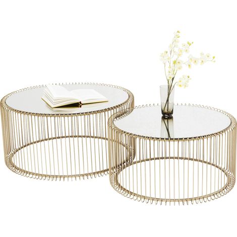 Kare Design tavolino da caffè Wire Brass, oro/vetro, set da 2 pz dimensioni: tavolino grande Ø63cm, tavolino piccolo Ø54 (1/4)