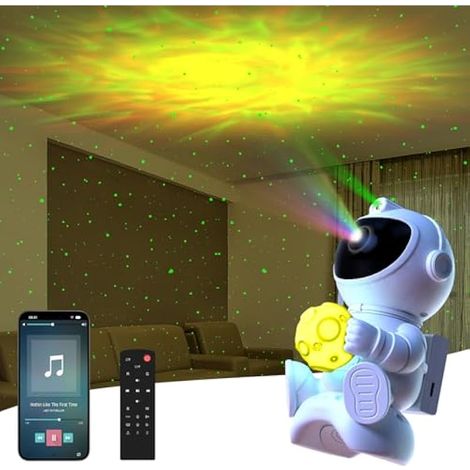 Projecteur galaxie astronaute avec télécommande, veilleuse étoiles et enceintes sans fil, projecteur nébuleuse spatial 360° ajustable pour décoration chambre, fête, cadeau enfants et adultes (Lune)