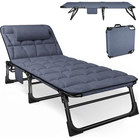 Chaise longue pliante avec dossier réglable à 5 positions, lit de camping portable et polyvalent, combinaison pour jardin, piscine, terrasse, matelas rembourré et oreiller – Bleu (1/5)
