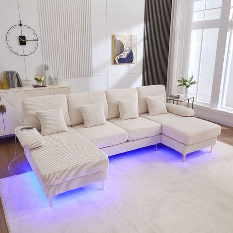 Sofá en U con LED y USB terciopelo beige OKMYHOME (1/5)