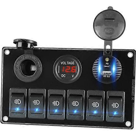 Prises Multiples 6 Prises Voltmètre Voiture Interrupteur Marche/Arrêt Bouton Poussoir Toggle (1/4)