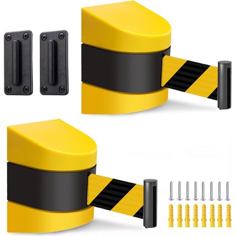 Lot de 2 rubans de délimitation rétractables de 5 m, en plastique ABS, chaîne de délimitation, montage mural, jaune et noir, convient pour les écoles, les bâtiments de bureau, les barrières de (1/5)