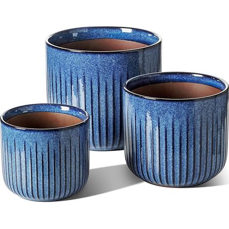 Set of Ceramic Flower Pots, Flower Pot with Drainage Hole, Cylinder for Indoor Plants, Ocean Blue (1/5)