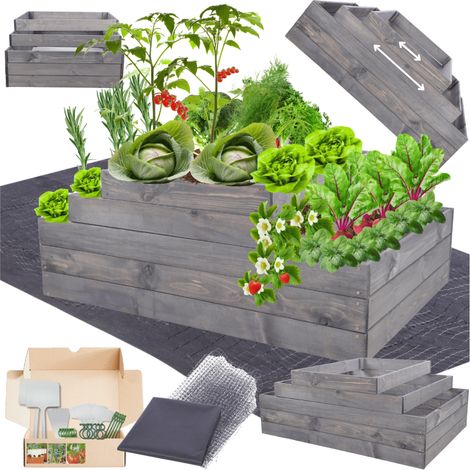 MODO24 ZP09 Carré potager surélevé en escalier modulable, bois de pin, herbes/légumes, jardin/terrasse/balcon, 45x117x90 cm, gris