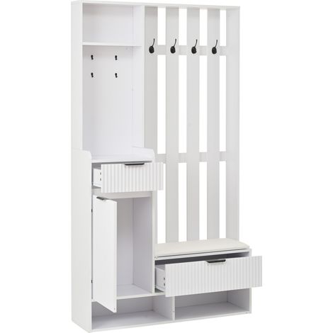 Mueble recibidor 6 en 1 con 8 ganchos, banco zapatero, cajones y armario, 100 x 30 x 180 cm, blanco (1/5)