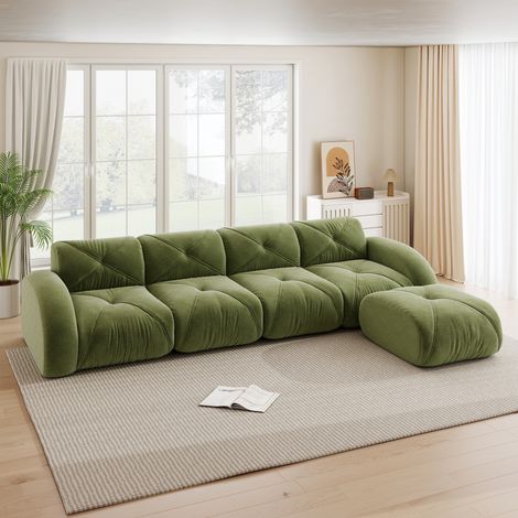 Divano angolare modulare a L 4 posti in ciniglia verde, 358 x 171 x 76 cm (1/5)