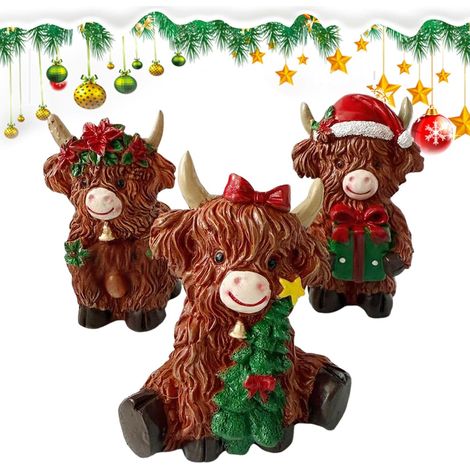Figurines de Vache Highland 3 Pièces Décoration Noël Vache Bovin,Statue (1/5)