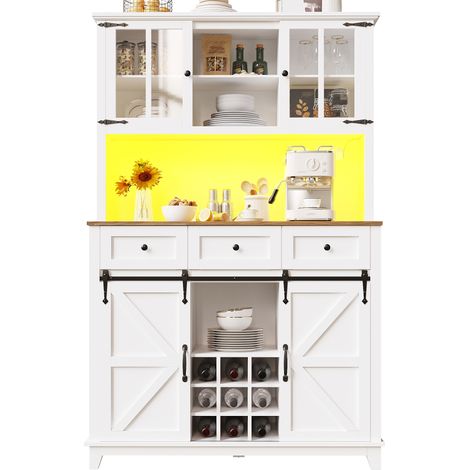 Meuble de cuisine (105×38.4×180cm), meuble haut de cuisine, vitrine, buffet avec étagères réglables, buffet avec éclairage LED, couleurs de lumière variables, blanc (1/5)