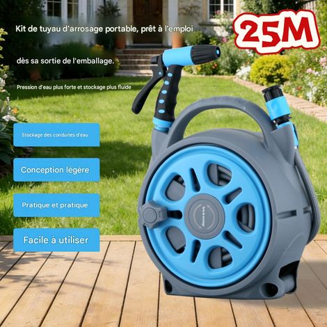 Enrouleur de tuyau d’arrosage portable 25 m, kit complet avec pistolet arroseur 2 modes, tuyau tressé nylon pour jardin et lavage voiture (1/5)