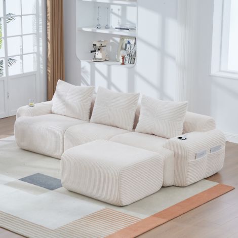 Sofá modular de 3 plazas de tela acanalada con puf, portavasos y bolsillo lateral, beige, 268x174x80 cm (1/5)