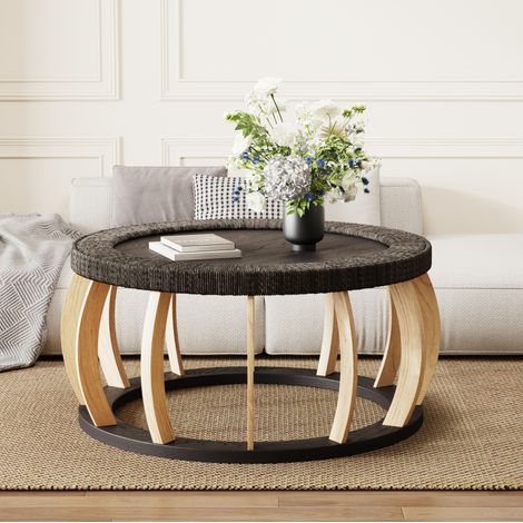 Table basse ronde vintage en rotin, bois et MDF, 90 x 90 x 43 cm, noir brun, REDOM (1/5)