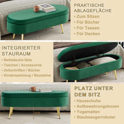 Banc de rangement multifonctionnel, tissu velours doux, pieds en métal, cadre en bois massif, 20L de stockage, 110x40x42cm, pour chambre, salon, banc à chaussures, entrée, vert (1/5)