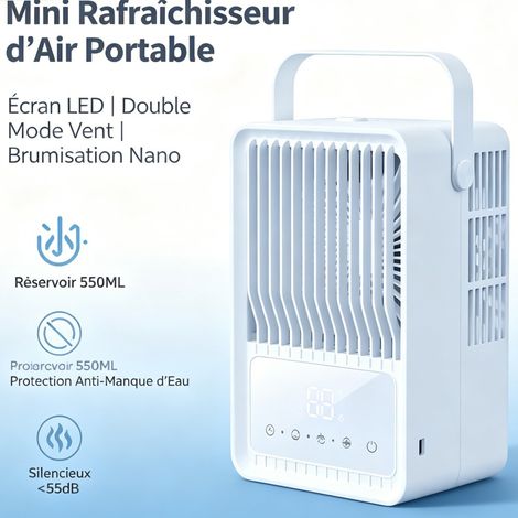 Mini rafraîchisseur d’air portable à brumisation nano, écran LED, double mode, 3 vitesses, minuterie 2/4/6/8h, lumière RGB