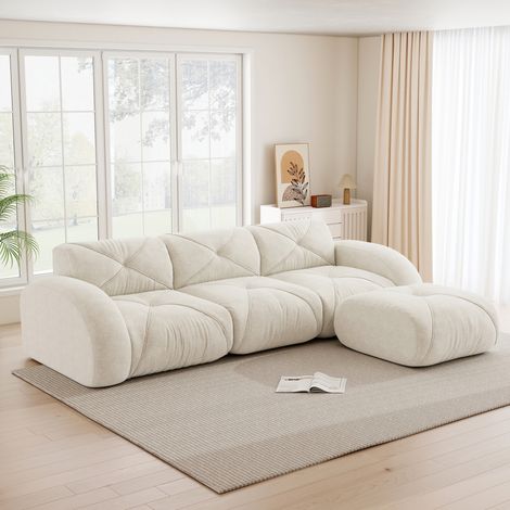 Canapé modulaire 3 places en chenille blanche, assise en mousse haute densité (1/5)