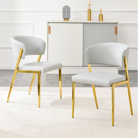 2er Set Esszimmerstühle, ergonomisch gepolstert, geschwungene Rückenlehne, Metallbeine, PU, Hellgrau (1/5)