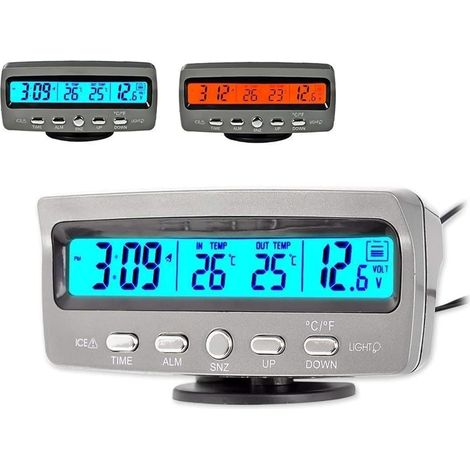 Thermomètre numérique multifonction pour voiture, thermomètre extérieur Fahrenheit Celsius double écran LCD avec rétroéclairage LED bleu/orange, fonction horloge/calendrier/tension (1/5)