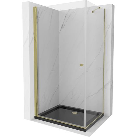 Mexen Pretoria kippbare Duschabtrennung 80 x 90 cm, transparent, gold + Duschwanne Flat, Schwarz - 852-080-090-50-00-4070G