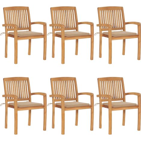 Lot de 6 Chaises de jardin et de camping empilables avec coussins, Chaises de relaxation, Teck solide OIB9905E (1/5)