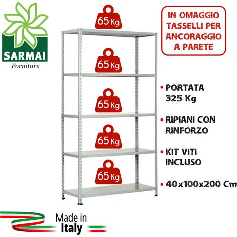 KIT SCAFFALE SCAFFALATURA METALLO 5 RIPIANI CON RINFORZO 100x40x200 GRIGIO 325Kg (1/2)