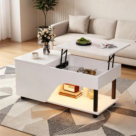 Table basse,Table de salon Blanc avec Plateau relevable avec stockage intégré,Étagères latérales réglables,LED contrôlable par App (1/5)