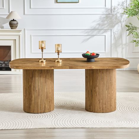 Table de salle à manger ovale moderne en MDF bois, pied central cannelé, style Wabi-Sabi & Mid-Century, pour cuisine et salon (1/4)