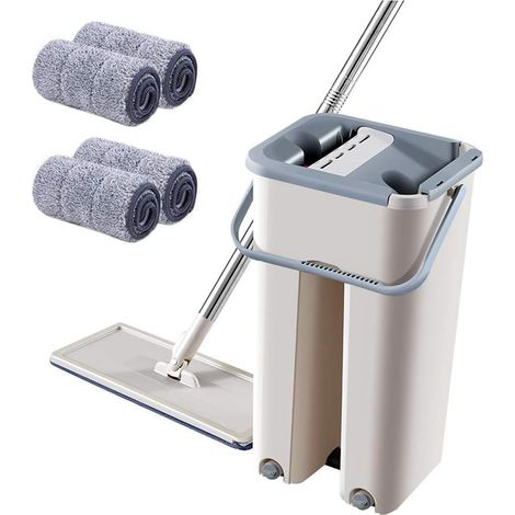 Ensemble balai plat pliable et seaux avec 4 raclettes, système de nettoyage et de séchage pour sols en bois, stratifié, carrelage et pierre. (1/5)