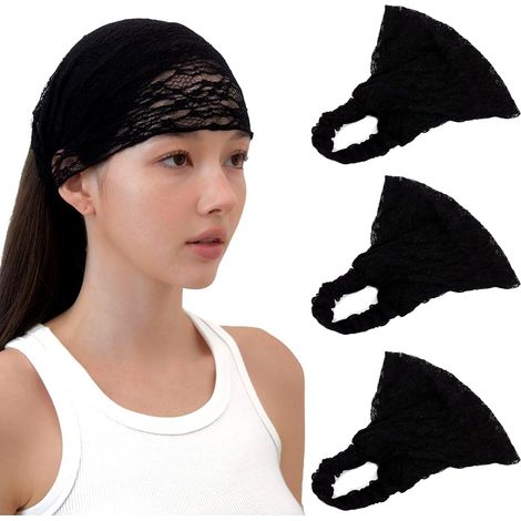 Bandeaux de cheveux en dentelle souple pour femmes, bandana à 2 voies pour filles, accessoire capillaire quotidien (3 x Noir, taille unique), 3 pièces (1/5)