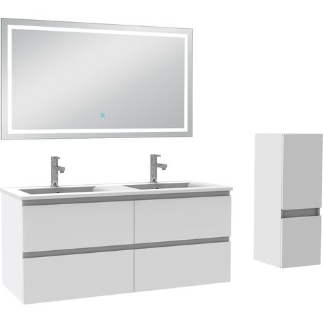Aica Ensemble de meuble Salle de Bain Blanc 120cm vasque + suspendu colonne + miroir LED