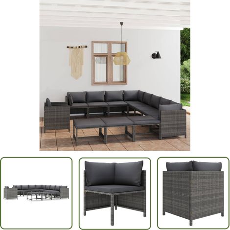 The Living Store Salon de jardin 12 pcs avec coussins Résine tressée Gris - Salon De Jardin - Mobilier De Jardin - Ensemble De Salon - Meubles De Jardin - Resin Tressée (1/5)